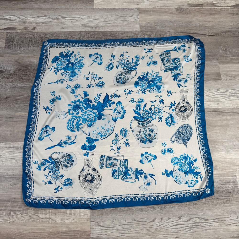 Vintage Wensli Silk Scarf Blue White Chinoiserie Euro Summer Coastal Grandmother